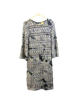 Chicos Womens Size 2 Wave Pattern Sheer Bell Sleeve Dress Polyester Blend Elegan